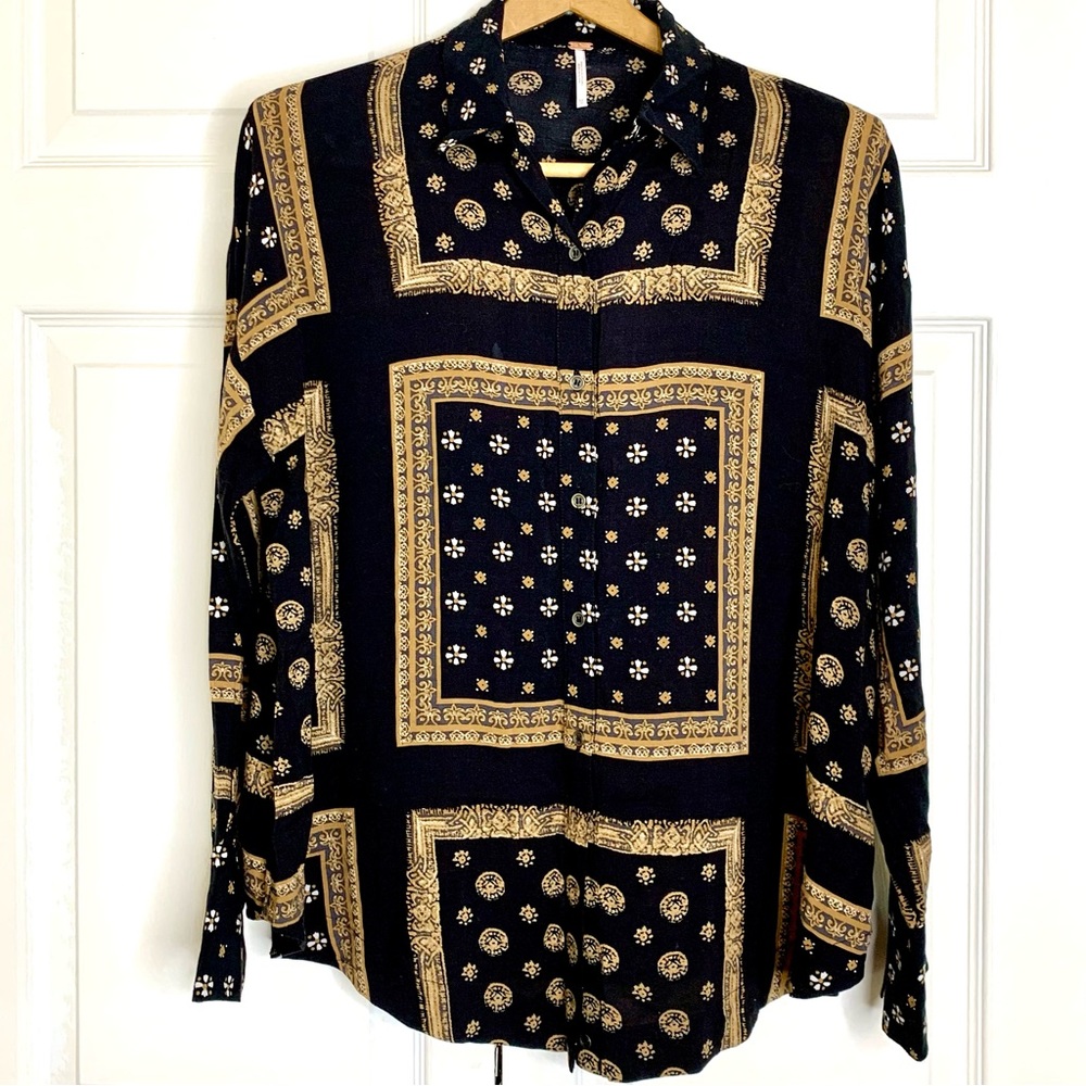 Free People Black Brown Blouse / Button Down, XS Loose Fit Dark Academia Fall